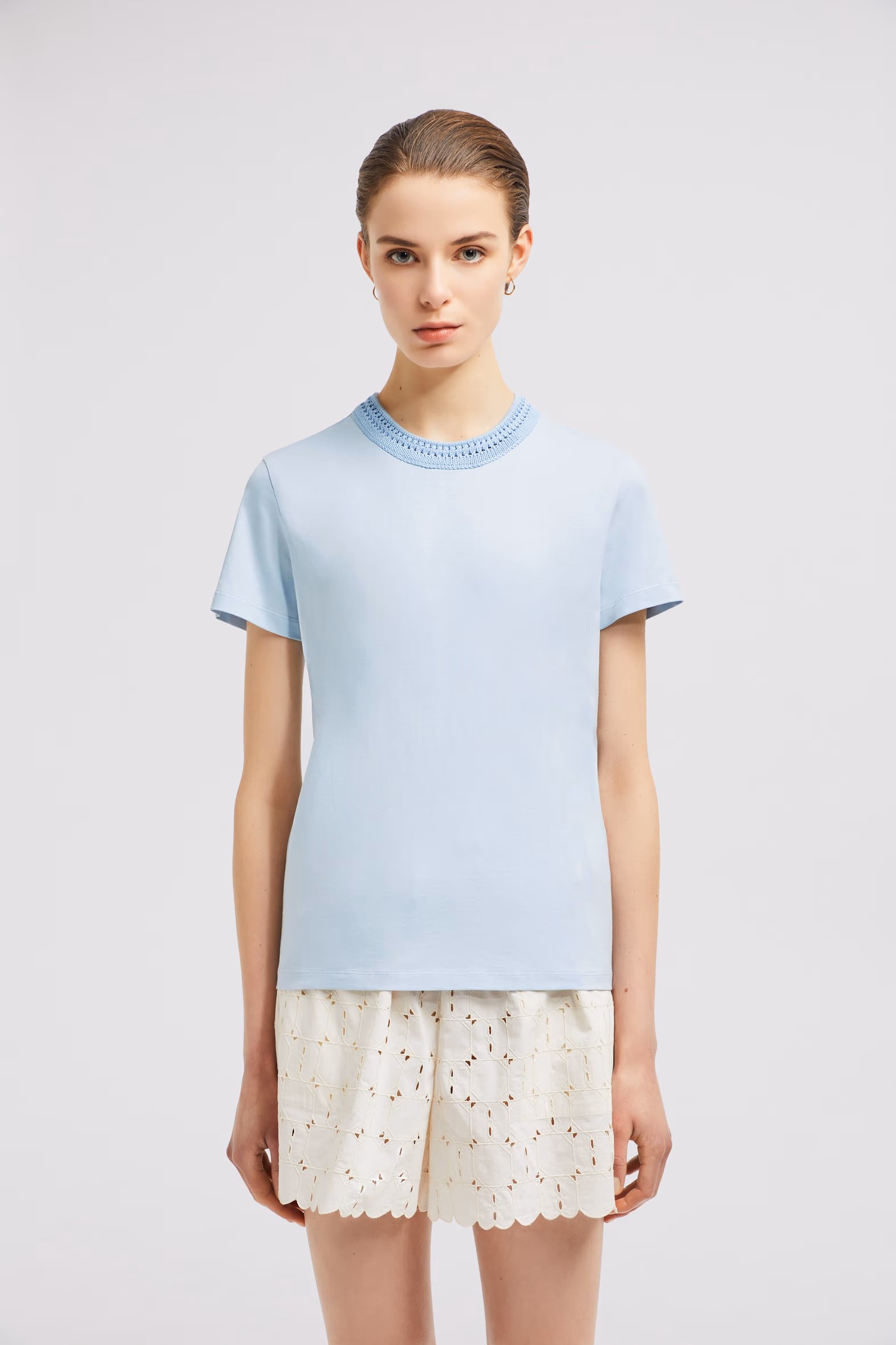 Crochet Accent Cotton T-Shirt Women Light Blue Moncler 3